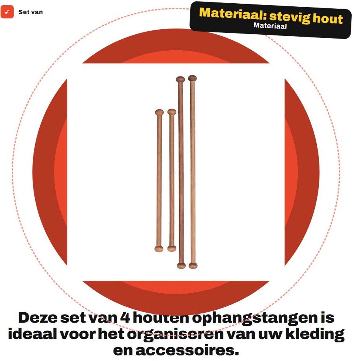 Dailygoods- Opknoping Staaf 4 Stuks - Stevig Hout - Decoratieaccessoire - Huishouden - Macrame Deuvel - Lange Sectie 31 cm - Ophangstang