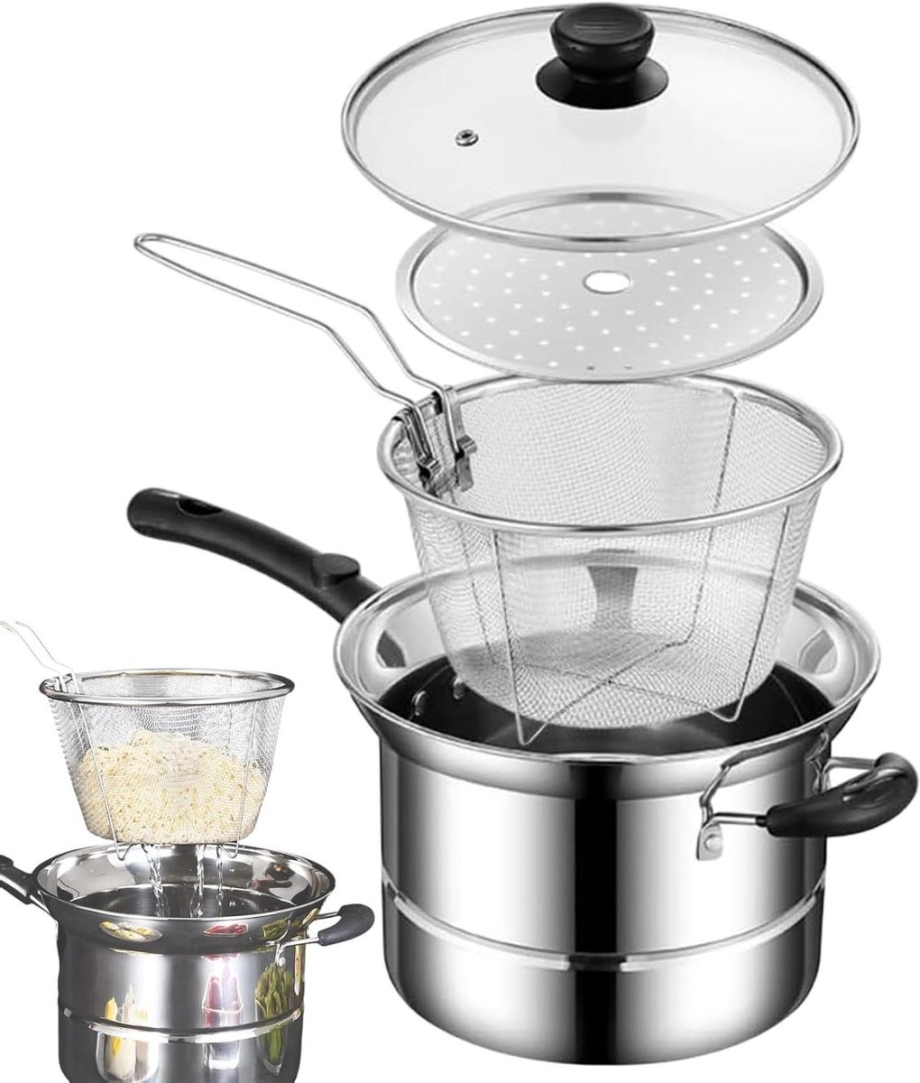 Frituurpan met mand - Keukenpan multifunctioneel - Lekkere gerechten maken - Roestvrij staal - 23.5 x 41.5 cm - Zilverkleurig