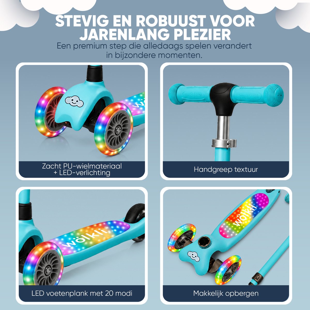 Wölkli Noaz Kinderstep - step 3 wielen - leeftijdsgroep 3+ - max 50kg - LED verlichting in de wielen - verlichting voetenplank - hoogte verstelbaar — afbeelding 8