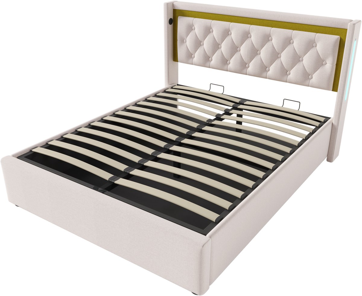 COVREO Bed 140x200 cm, beige, LED, USB-C, opbergruimte, met matras