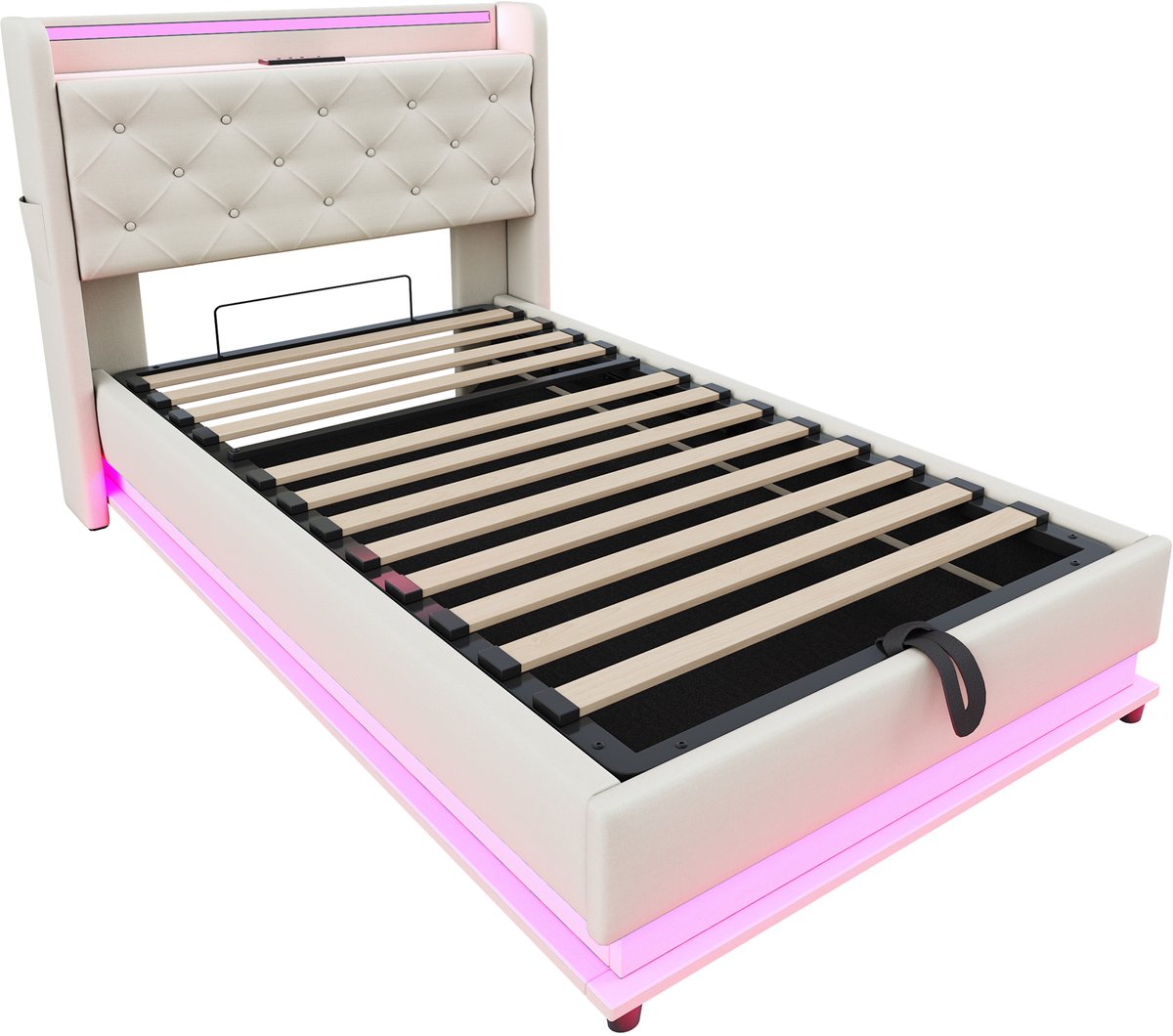 COVREO Kinderbed 90x200 cm - met hydraulische opbergruimte, LED, USB en Type-C, beige
