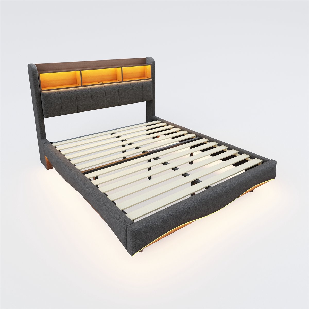 COVREO Bed 160x200 cm grijs stof met LED en opbergruimte zonder matras