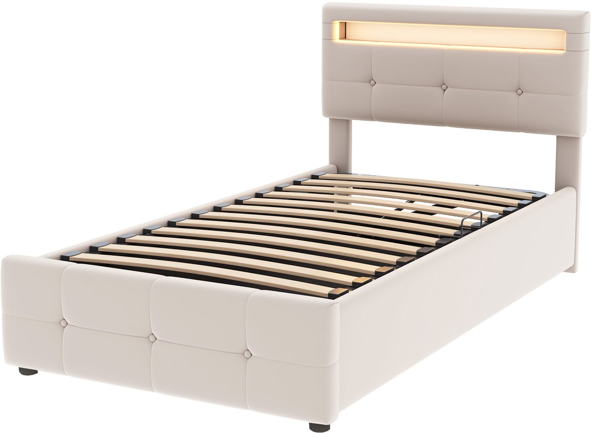 COVREO Bedframe 90x200 cm beige, LED, opbergruimte, verstelbaar, zonder matras