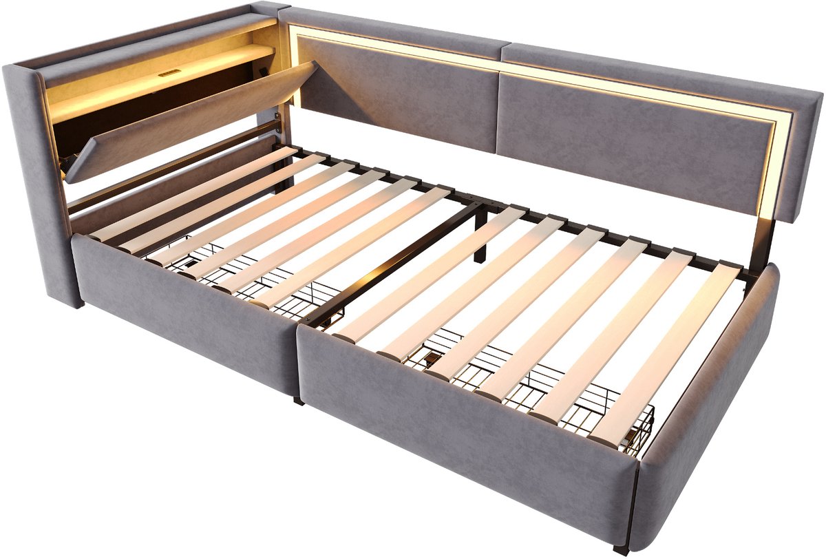 COVREO Slaapbank met LED en USB – 90x200 cm – Bedframe met opbergruimte – voor slaapkamer en logeerkamer – Donkergrijs - zonder matras
