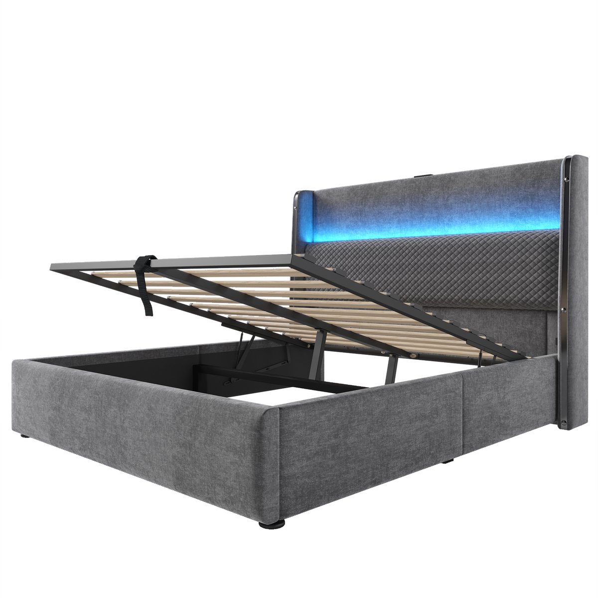 COVREO Bedframe 140x200 cm grijs, stof, LED en opbergruimte, zonder matras