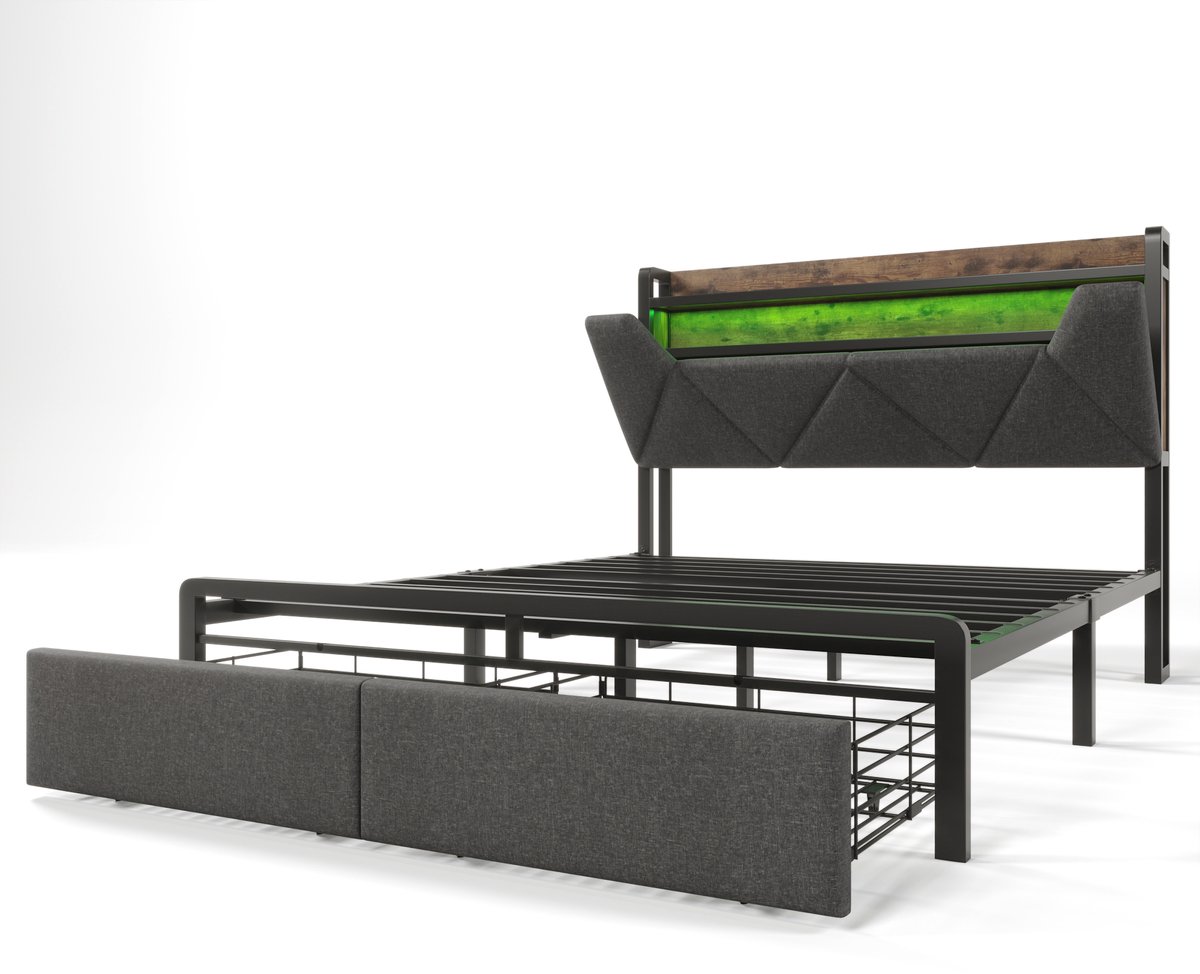 COVREO Bed 140x200 cm grijs met opberghoofdbord en laden zonder matras