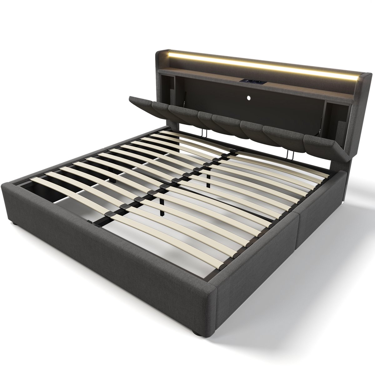 COVREO Bedframe 160x200 cm - grijs, met LED en USB, zonder matras