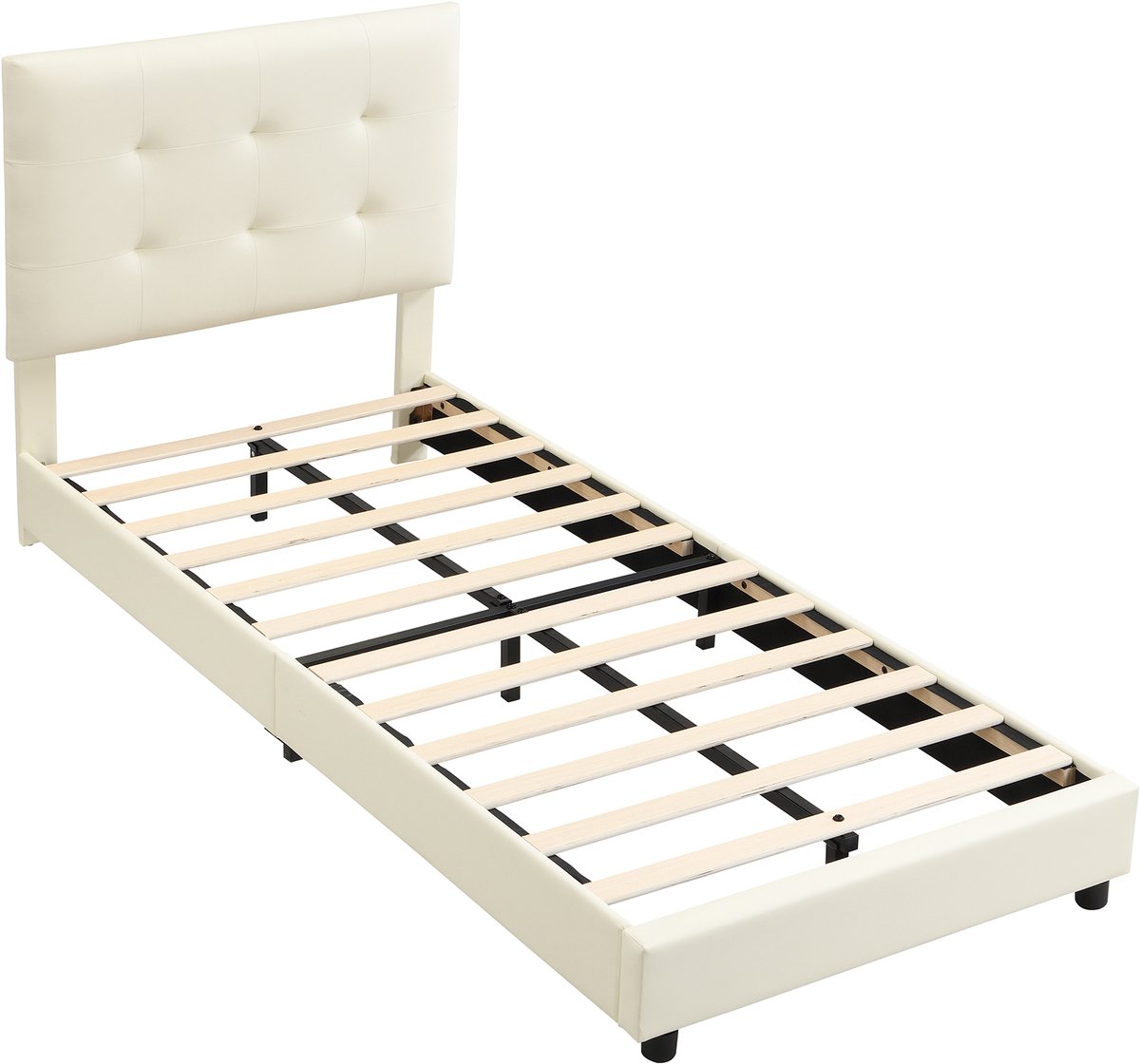 COVREO Kinderbed 206x94,5x101 cm – beige, zacht hoofdbord, lattenbodem voor matras 90x200 cm