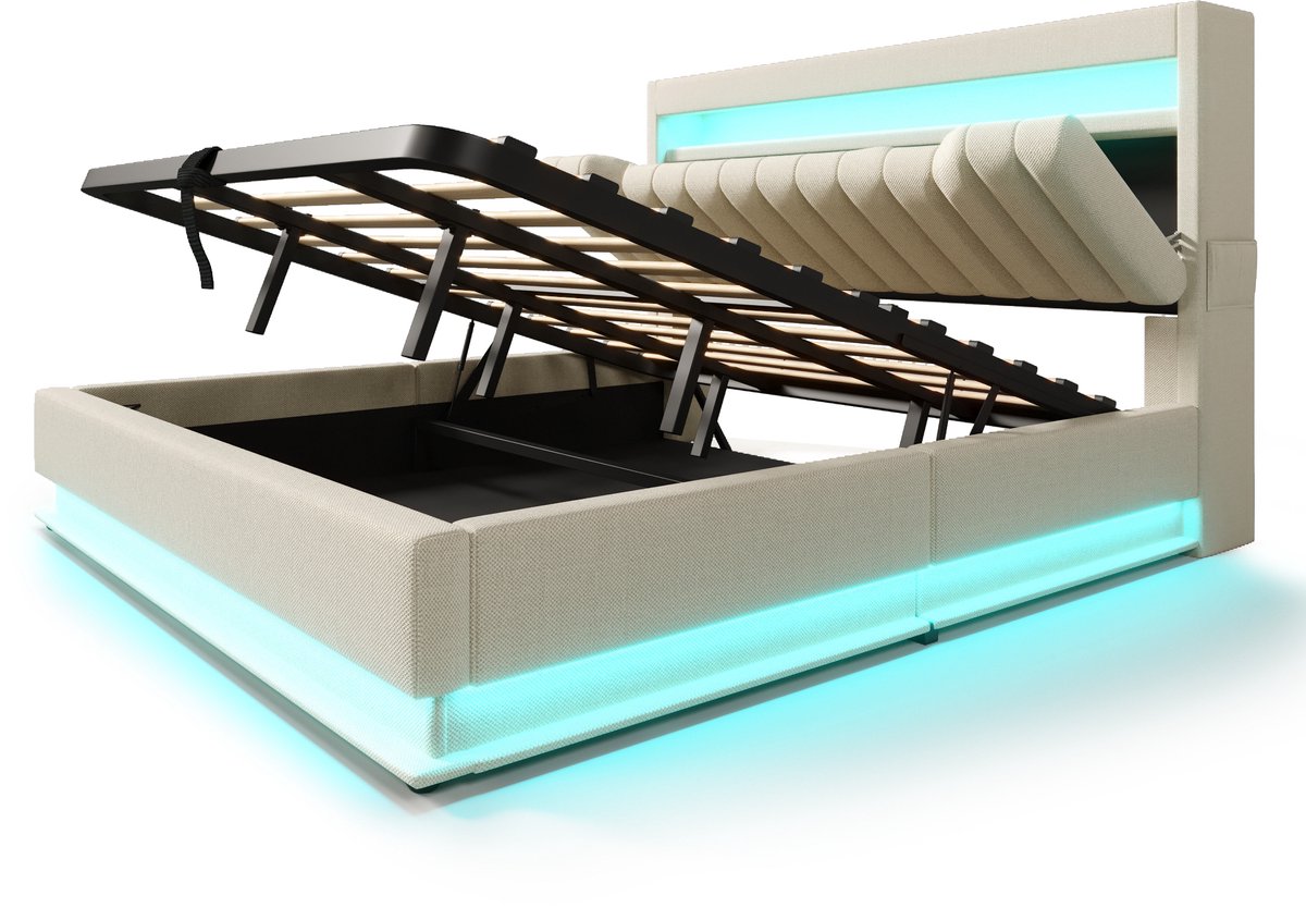 COVREO Bed 180x200 cm - beige stof, LED verlichting, zonder matras