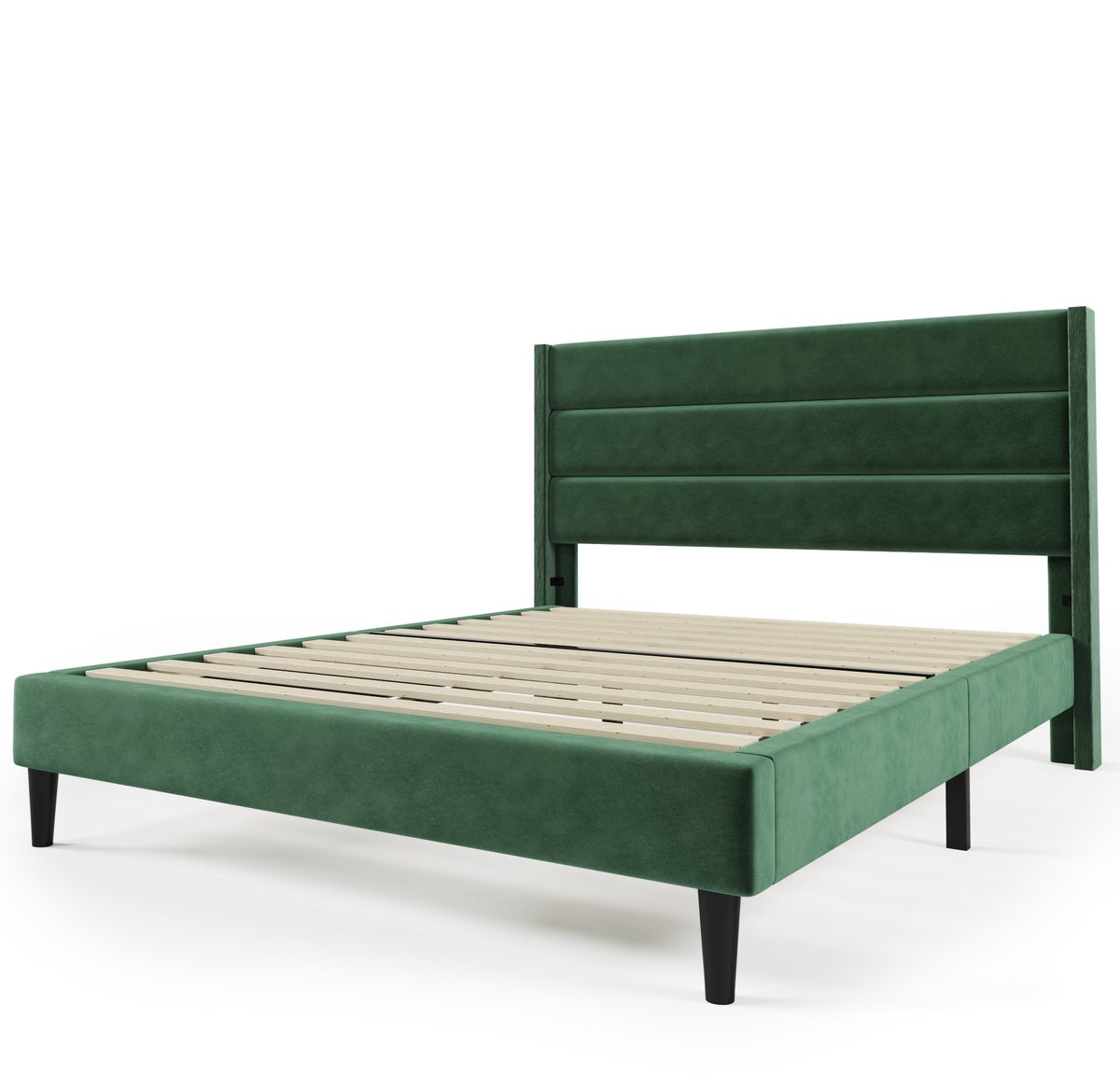 COVREO Gestoffeerd bed van 140 x 200 cm, bedframe met lattenbodem en hoofdeinde, gestoffeerd tweepersoonsbed, donkergroene fluwelen stof, tijdloos modern design, kinderbed (matras inbegrepen). Vert