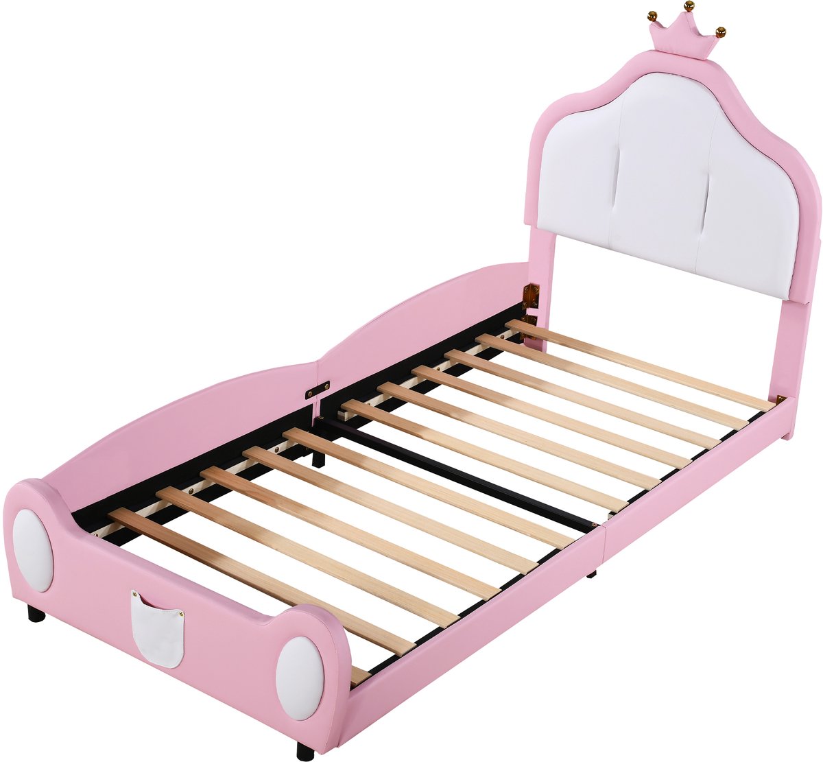 COVREO Kinderbed 90 x 200 cm – roze/wit kunstleer, kroonhoofdbord, 200 kg