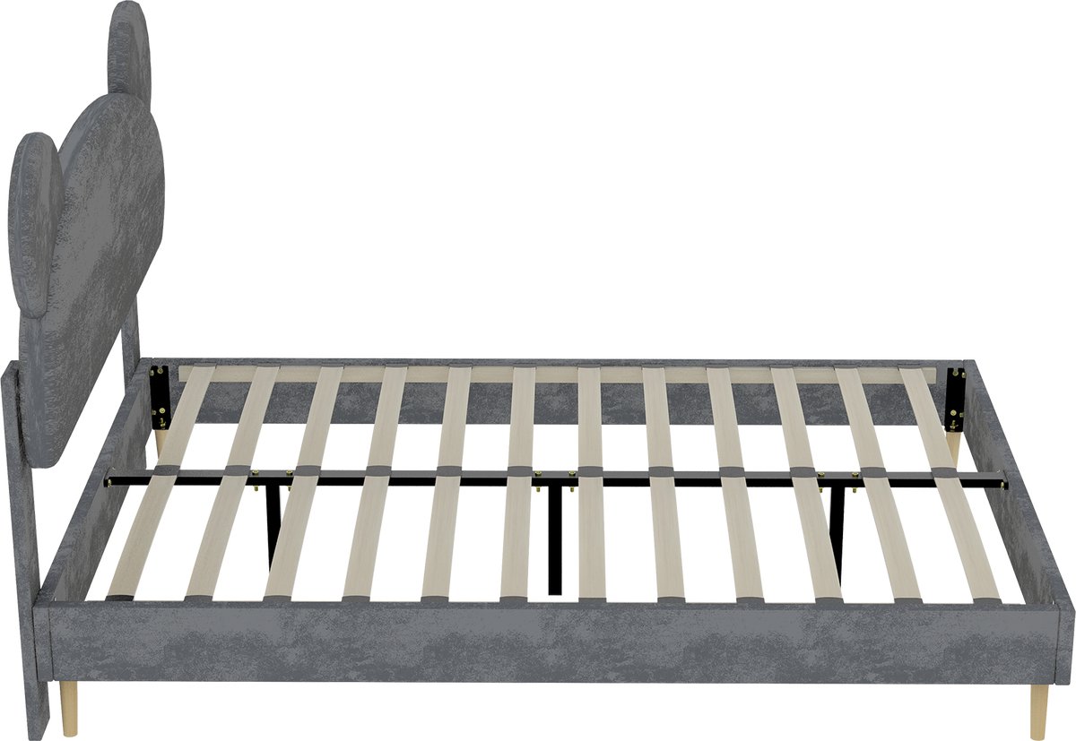 COVREO Kinderbed met pluche hoofdbord – 140x200 cm – Bedframe van stof en metaal – voor kinderkamer – Grijs - zonder matras