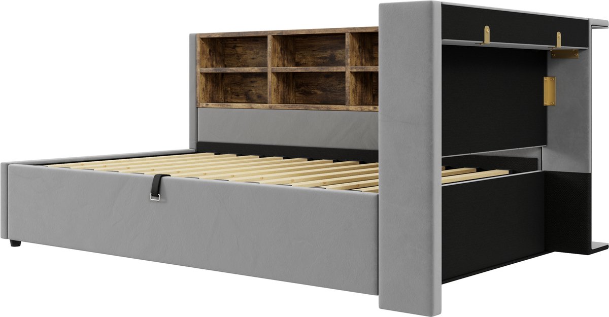 COVREO Slaapbank met opbergruimte en verlichting – 90x200 cm – Bed met USB- en Type-C-aansluiting – voor kleine kamers – Grijs - zonder matras
