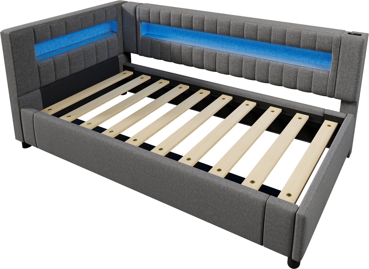COVREO Bedbank met bergruimte – 90x200 cm – Daybed met LED en USB-C – Slaapsofa voor slaapkamer – Grijs - zonder matras