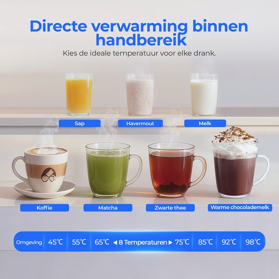 Collage van dranken: sap, havermout, melk, koffie, matcha, zwarte thee en warme chocolademelk, met temperatuurinstellingen van 45°C tot 98°C.