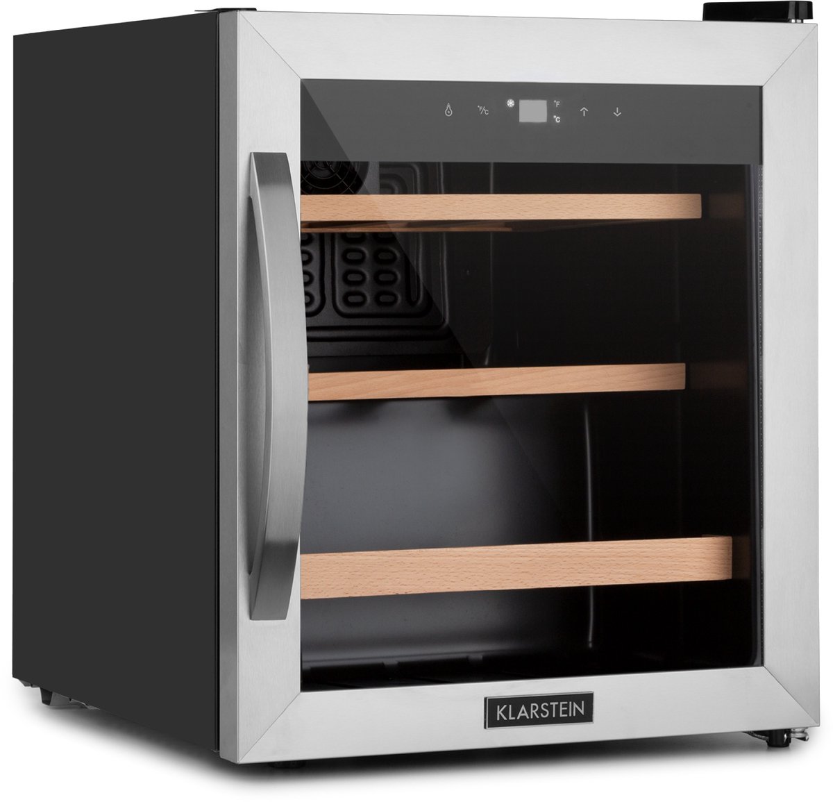 Klarstein Vinamour 12 Uno Wijnkoelkast - Inhoud: 12 Flessen / 46 Liter - 1 Koelzone: 4 - 18 °C - Fluisterzacht: 40 dB - Extern touch bedieningspaneel - Deur van veiligheidsglas met RVS frame - Interne LED verlichting - Compressiekoeling - Zilver