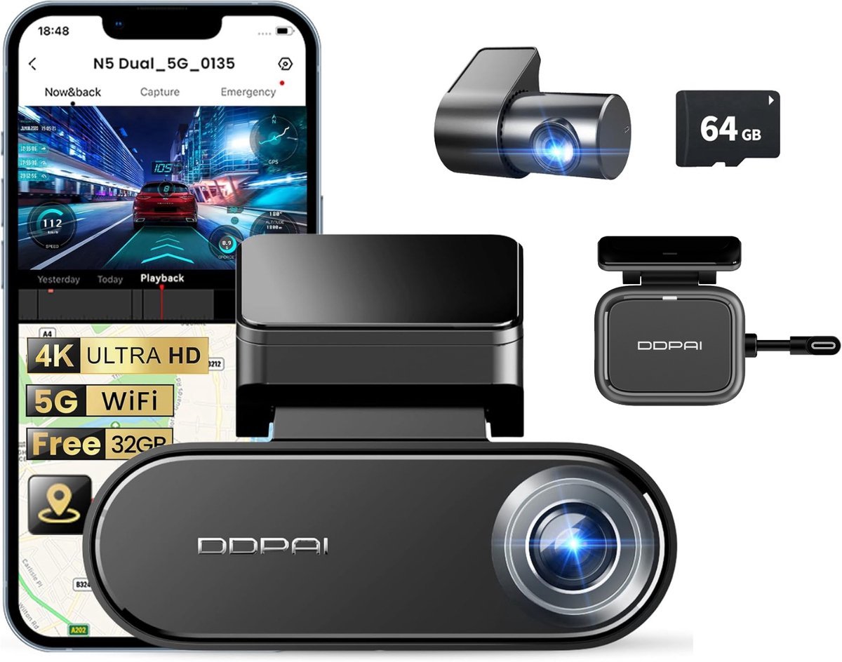 Dashcam met Radar voor Auto met Camera Voor en Achter - 4K Beeld - GPS - Continue Opname - DDPAI N5 DUAL