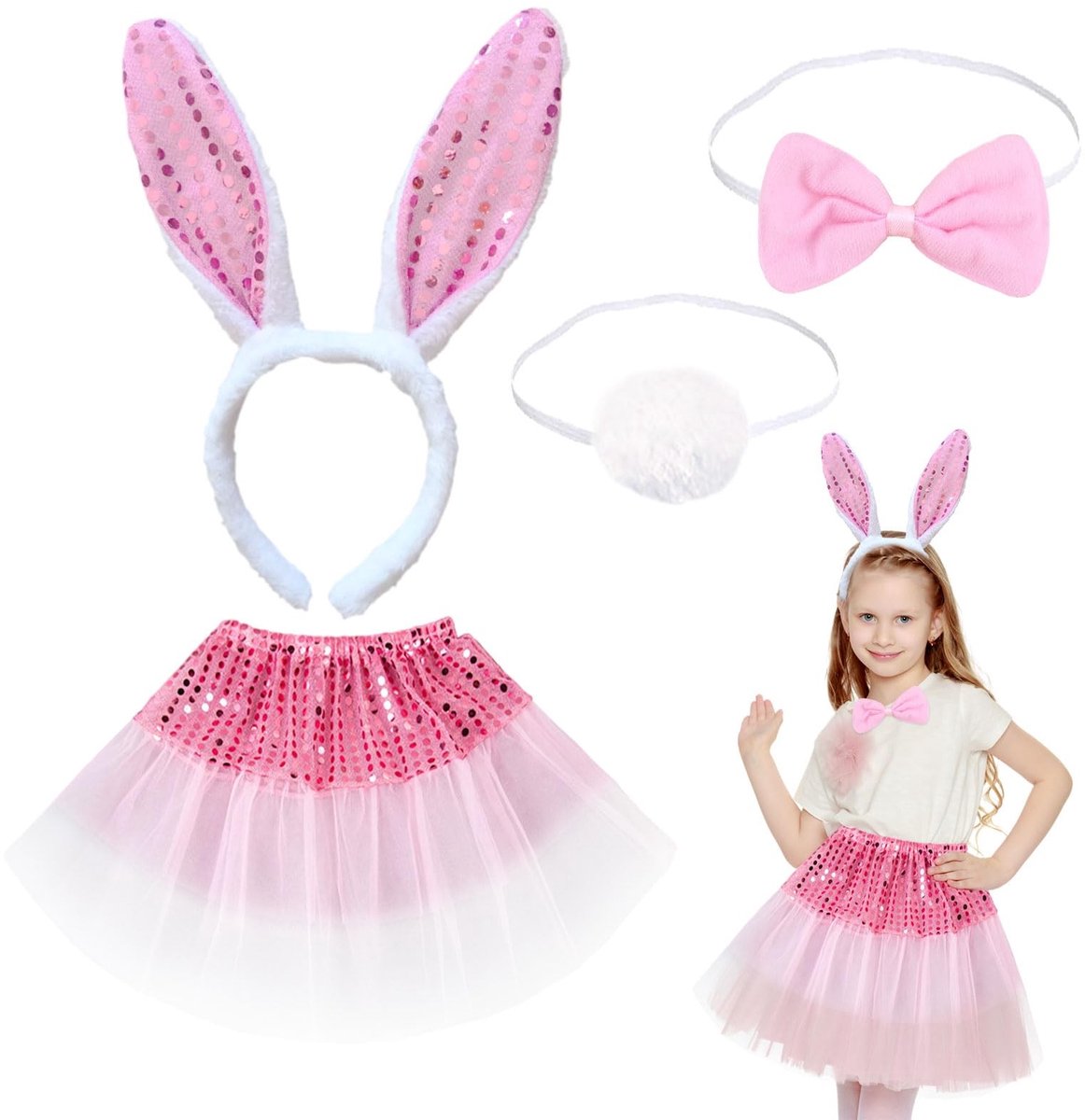 Dailygoods- Hazencosplay Kostuum - Roze Tutu-rok - Konijnenoren Hoofdband - Vlinderdas - Konijnstaart - Geschikt voor 3-10 jaar - Dierenkostuum