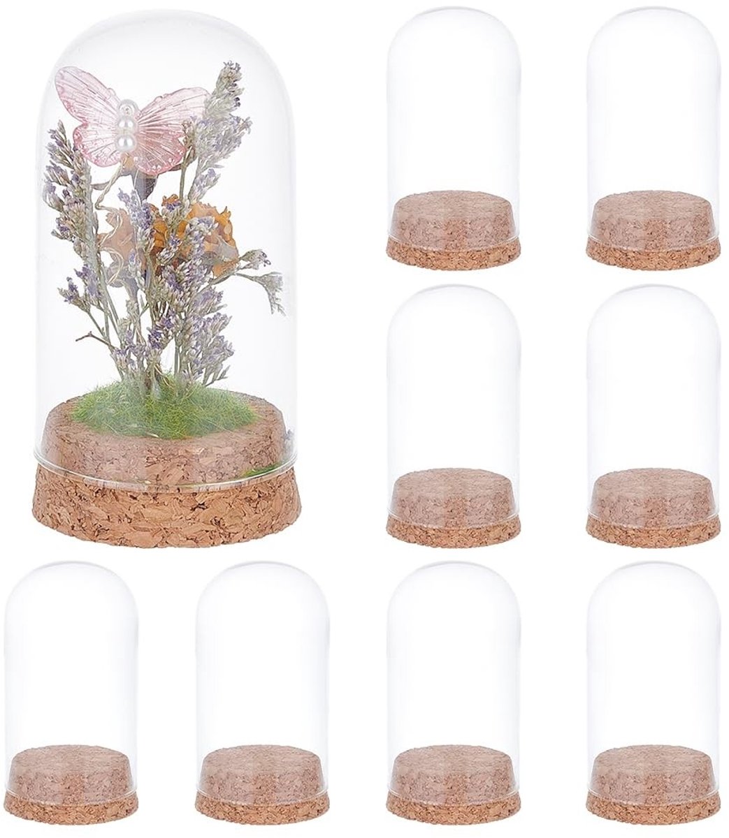 Dailygoods- Glazen Stolp - Decoratieve Vitrine - Klokglas - Houten Basis - Set van 10 Stuks - Afmetingen 4,7 x 9 cm