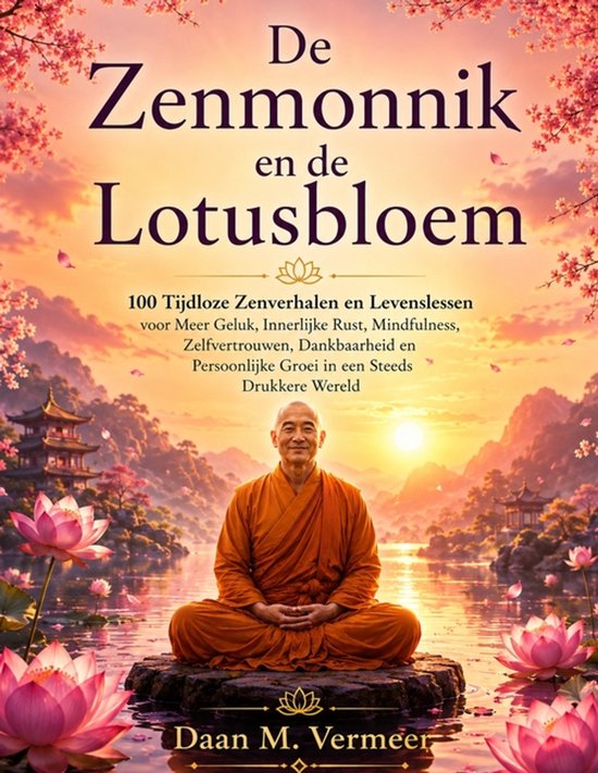 Le Moine Zen et la Fleur de Lotus. Un moine assis en robe orange méditant, entouré de fleurs de lotus et d'architecture asiatique.