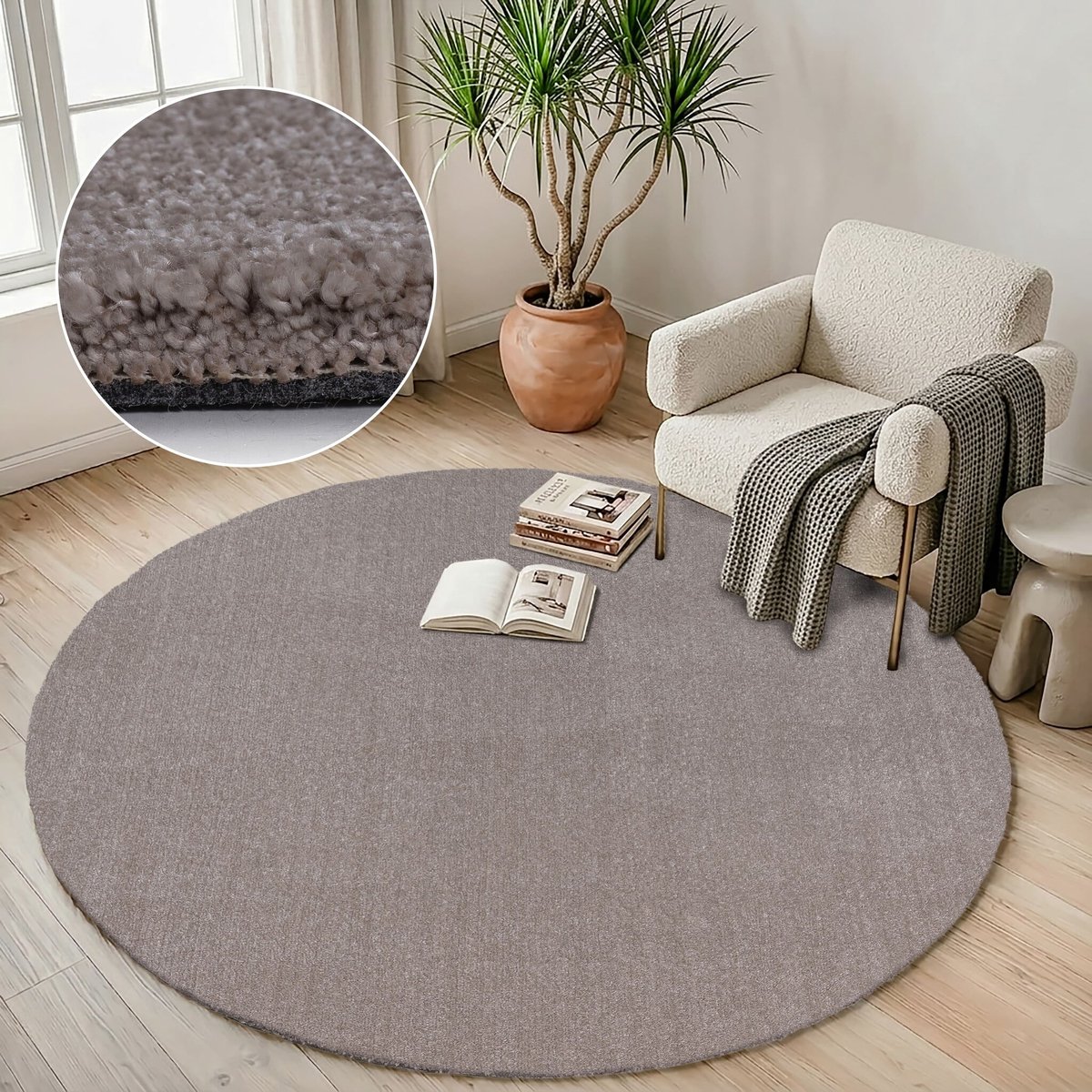 Comfy Premium - Rond Luxe Effen Vloerkleed Wasbaar Uni Beige- 200 CM Ø