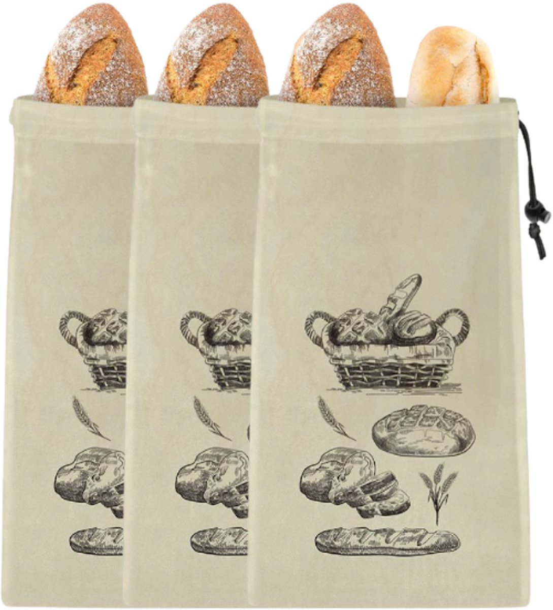 Linnen broodzakken, linnen, herbruikbaar, met trekkoord (38x24 cm), set van 3, biologisch katoenen broodzakken