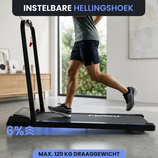 Man rent op zwarte loopband met blauwe accenten, 6% hellingshoek en max. draaggewicht 120 kg.