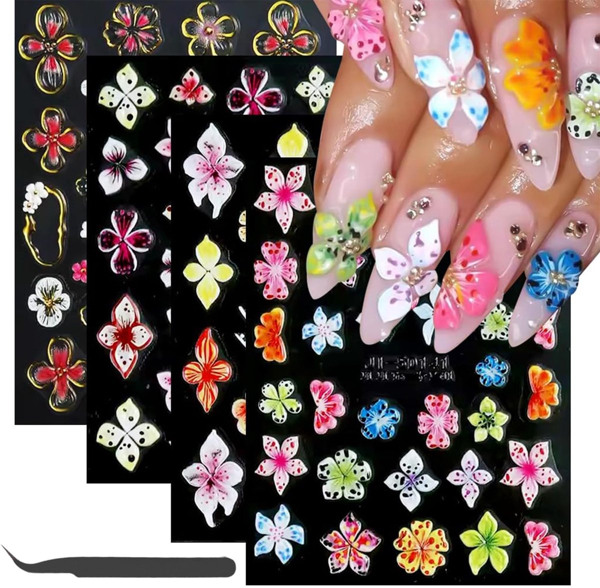 Dailygoods- Nagelstickers 5D zomerbloemen - Set van 4 stuks - Nagelkunst - Zwarte pincet - Nauwkeurig aanbrengen - Levendige ontwerpen - Nail Art Stickers