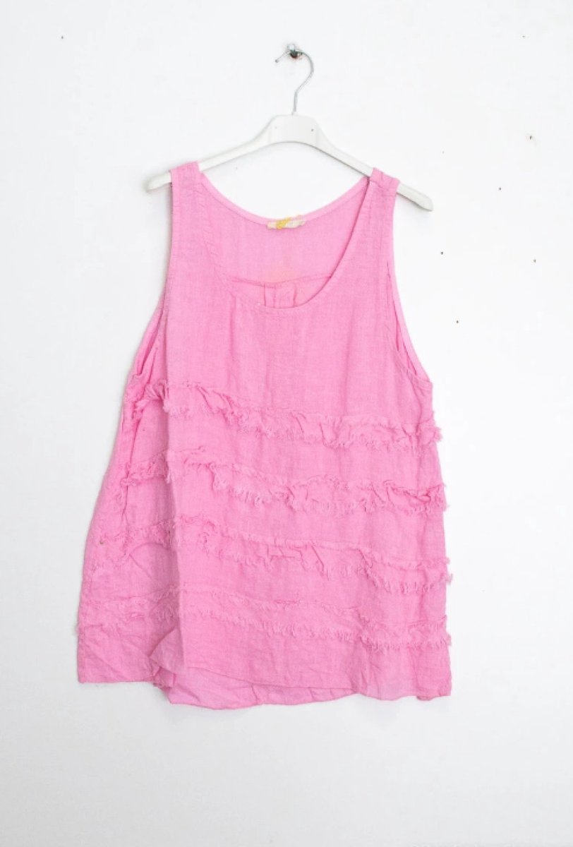 Mouwloze 100% linnen top met franjes voor kant - Casual en authentieke stijl ROZE kleur - Maat M