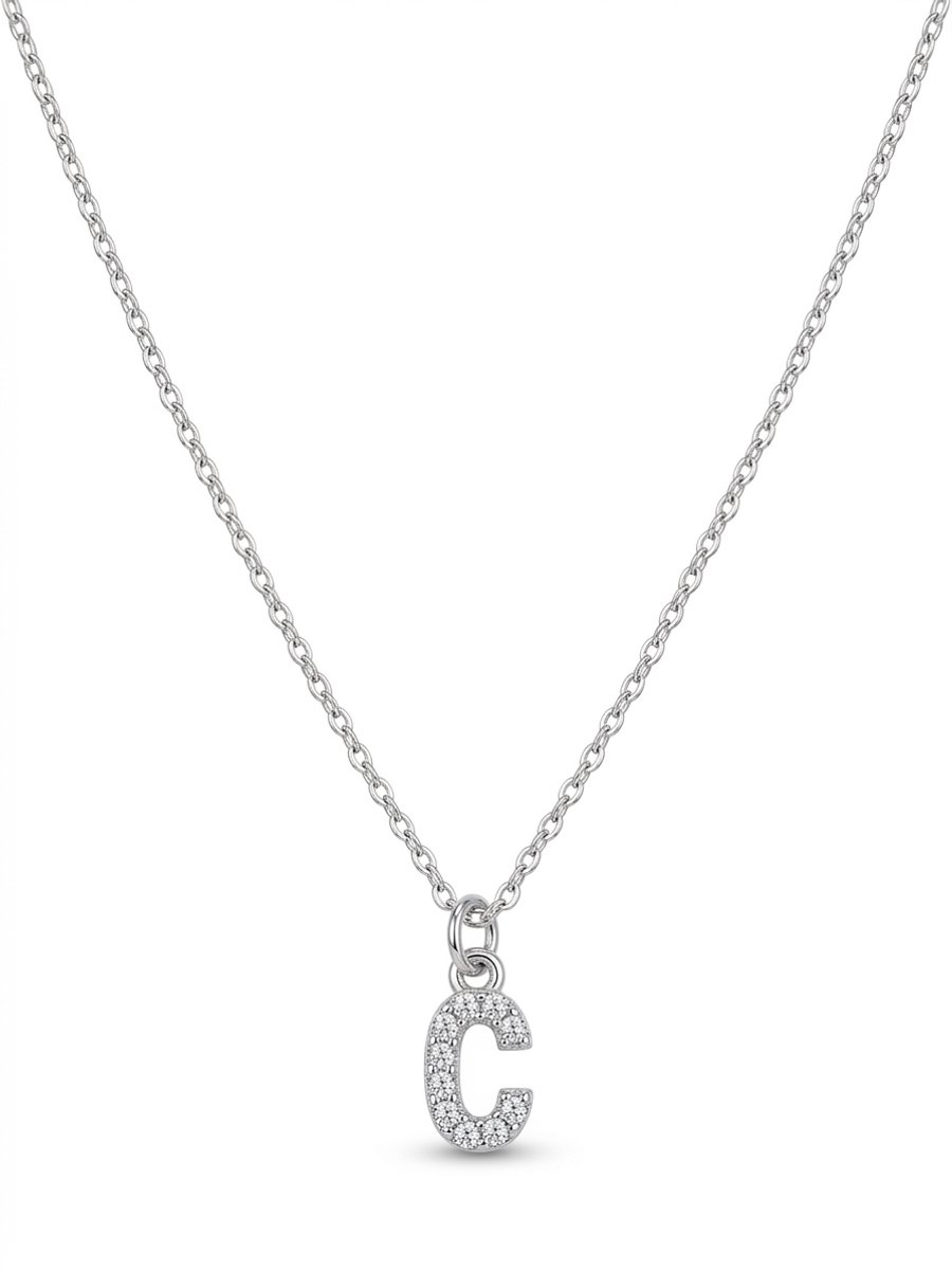 Letter Ketting C – Zilverkleurig – RVS Schakelketting met Strass Initial Hanger – 23 cm + 5 cm Verstelbaar – Cadeau