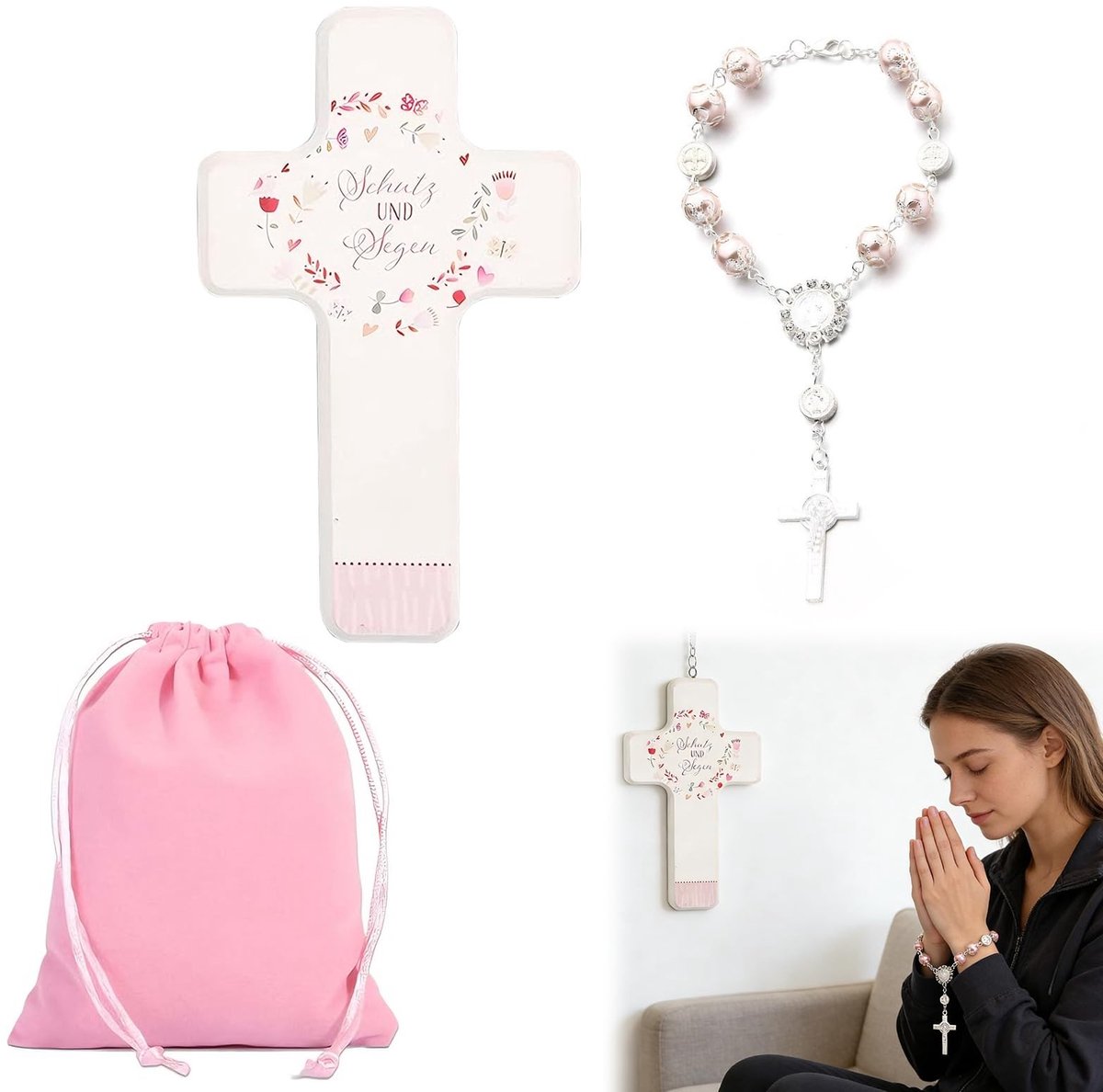 Dailygoods- Houten Kruis 18 cm Hoog - Handgemaakte Armband - Roze Opbergtas - Tafeldecoratie/Wanddecoratie - Modern Ontwerp - Hoogwaardig Hout - Kruisdecoratie