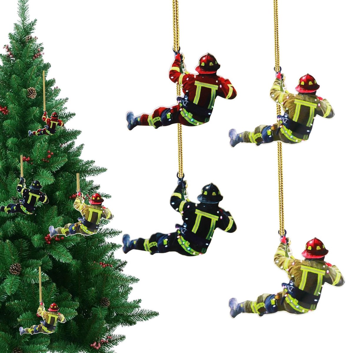 Dailygoods- Kerstversiering 4 stuks - Brandweerman Ornamenten - Kerstdecoratie - Boom/Wanddecoratie - Hoogwaardig Acryl - Robuuste Constructie - Kerstornamenten