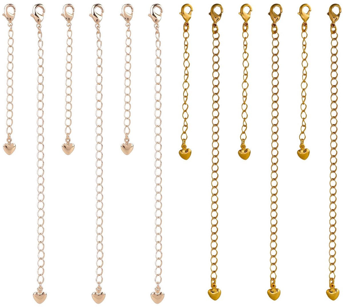 Dailygoods- Kettingverlengstukken 12 Stuks - Hartvormige Kettingverlengstukken - Lange/Korte Verstelbare Kettingverlengstukken - Koper - Gouden Kleur - 6,5x0,5 cm/12x0,5 cm - Sieraden