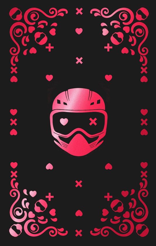 Zwart met roze graphic van helm met skibril en hartjes. Details van hartjes, kruisjes en krullen langs de randen.