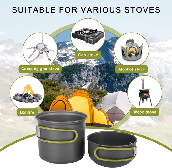 Camping kookset 2 personen - Camping kookgerei set - Pannenset - Incl camping servies - Camping pannenset - Outdoor kookgerei - Kookgerei met inklapbaar bestek - Mini camping kookset — afbeelding 2