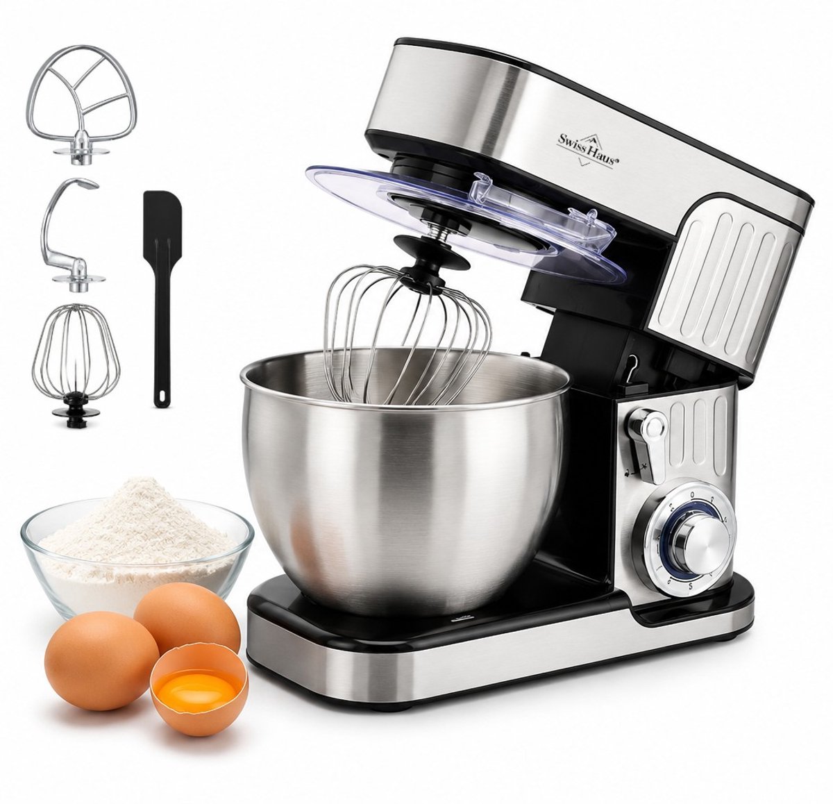 Swiss Haus® KM2206 Keukenmachine – 1300W Keukenrobot – 6L RVS Mengkom – 6 Snelheden + Pulse – Multifunctionele Keukenmixer met Deeghaak, Garde & Klopper – RVS