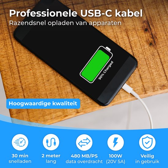 Professionele USB-C kabel, razendsnel opladen van apparaten, hoogwaardige kwaliteit. 30 min snelladen, 2 meter lang, 480 MB/PS dataoverdracht, 100W (20V 5A), veilig in gebruik.