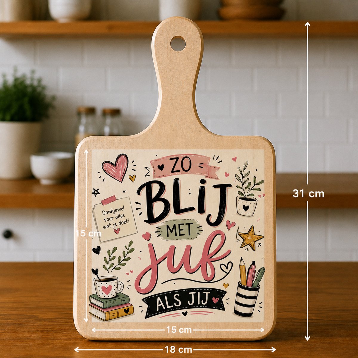 Kaasplank met Tegel Zo Blij met een Juf als Jij – Bedankcadeau Juf – Houten Serveerplank 18x31 cm met Tegel 15x15 cm