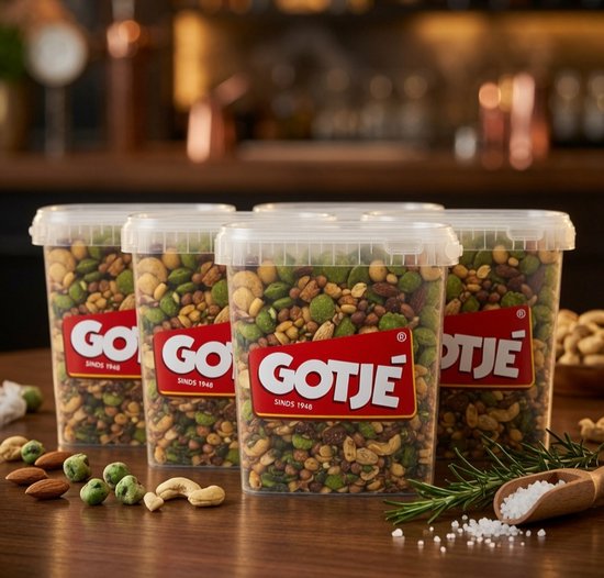 Gotjé Boevenmix in transparante emmers, gevuld met noten en pinda's in diverse kleuren.