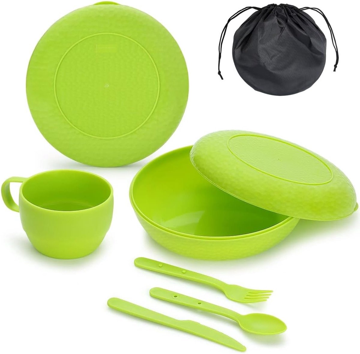 Complete Camping Mess Kit met Kom, Bord, Mok, Lepel, Vork, Mes en Draagtas - Essentiële Plastic Accessoires voor Picknick en Buitenactiviteiten, Makkelijk te Reinigen en Te Dragen