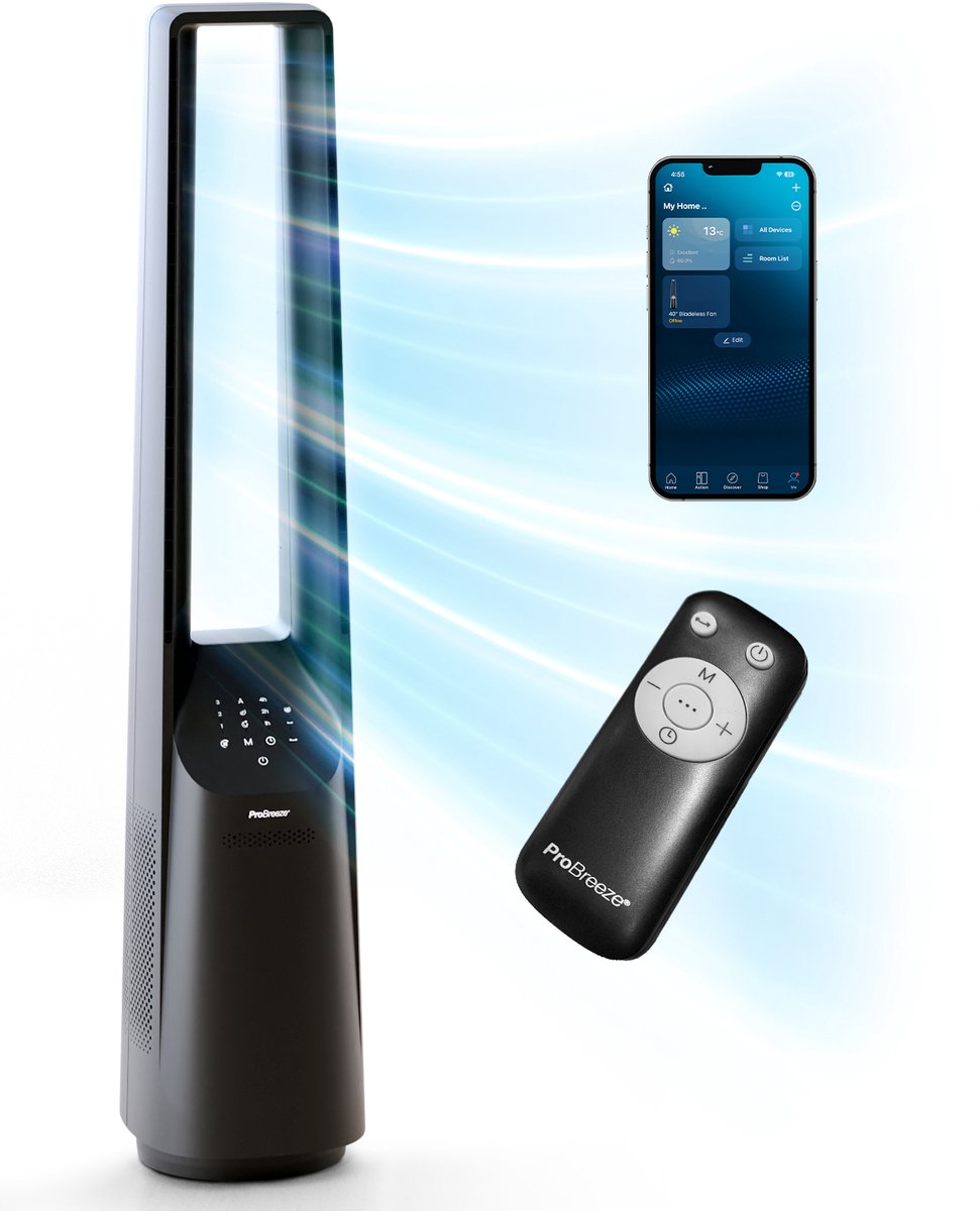 Pro Breeze Bladloze Ventilator - Torenventilator - 6 Snelheden - Slimme Appbediening - Wifi - Werkt met Alexa en Google Home - Zwart