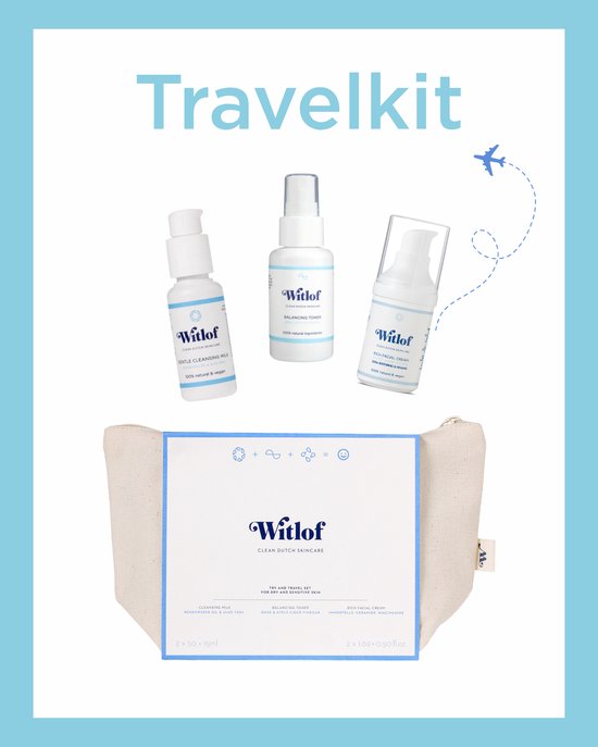 Witlof reisset met toilettas, reinigingsmelk, toner en gezichtscrème.