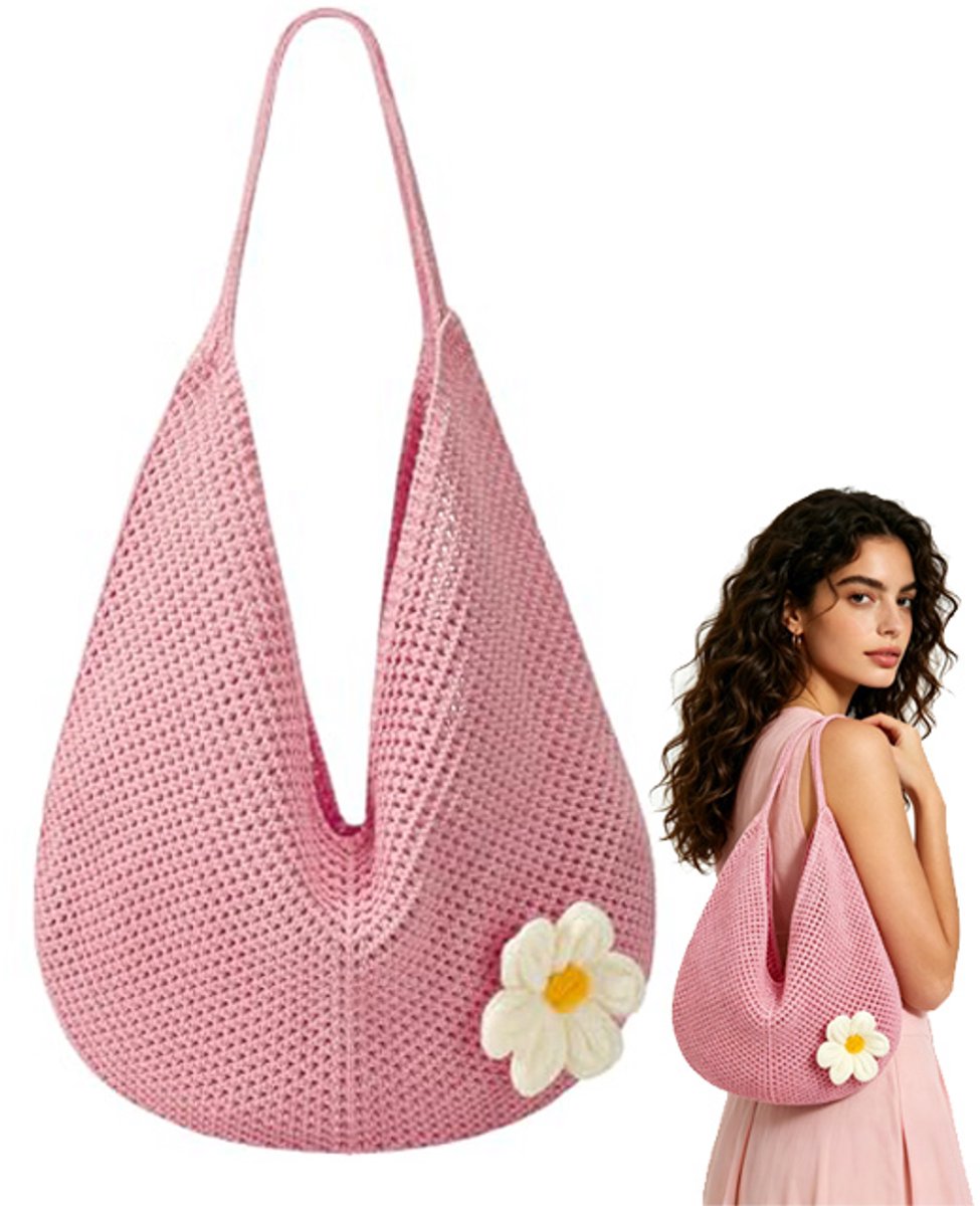 Gehaakte Strandtas Dames – Boho Geweven Shopper Tas - 41*50+cm–Afneembare Bloemspeld - Grote Zomertas voor Strand, Vakantie, Reizen en Dagelijks Gebruik - roze