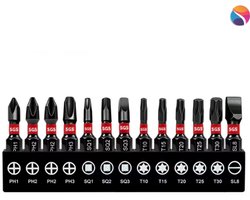 13-delig bitset mix - 25mm - Impact - PH1-PH2-PH3-PH4 - SQ 1-SQ2-SQ3 - T10-T15-T20-T25-T30 - SL8 - Bit - Philips - Torx - Vierkant - Plat