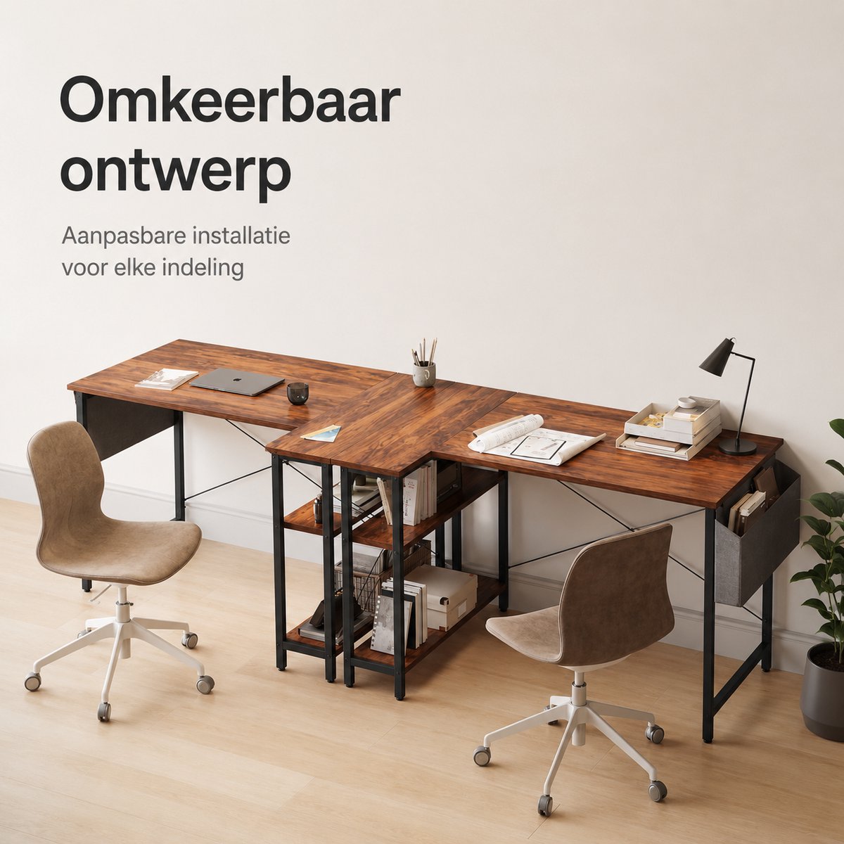 BOTC Hoekbureau 100 cm - Rustiek bruin met opbergplanken thumbnail 6