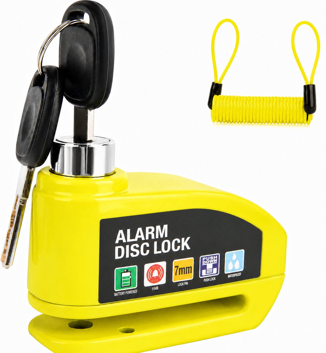 Schijfremslot met Alarm - Motorslot - Scooterslot - Motor Alarm Sirene - Remschijfslot 110 dB - 7 mm Pen - met Reminderkabel - Geel