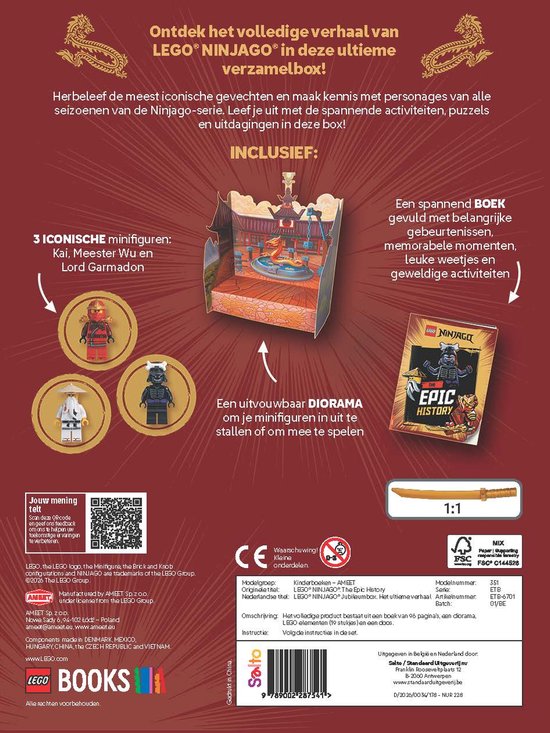 Boek 'LEGO Ninjago The Epic History' met een diorama en 3 minifiguren: Kai, Meester Wu en Lord Garmadon.