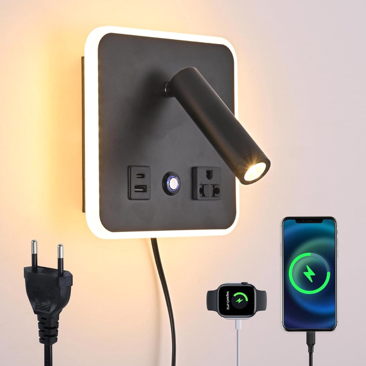 CRLYN® Wandlamp Binnen met Snoer - Wandlamp met Stekker voor Binnen - Zwart