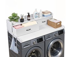 VEVOR Wasmachine en Droger Bovenplaat met Schroef, 137 X 69,9 cm Houten Wassers en Drogers Bovenplaat met 2 Laden & Hooks, Waskamers Bovenplaat voor Waskamers Pantry Counter Organisatie en Opslag, Wit