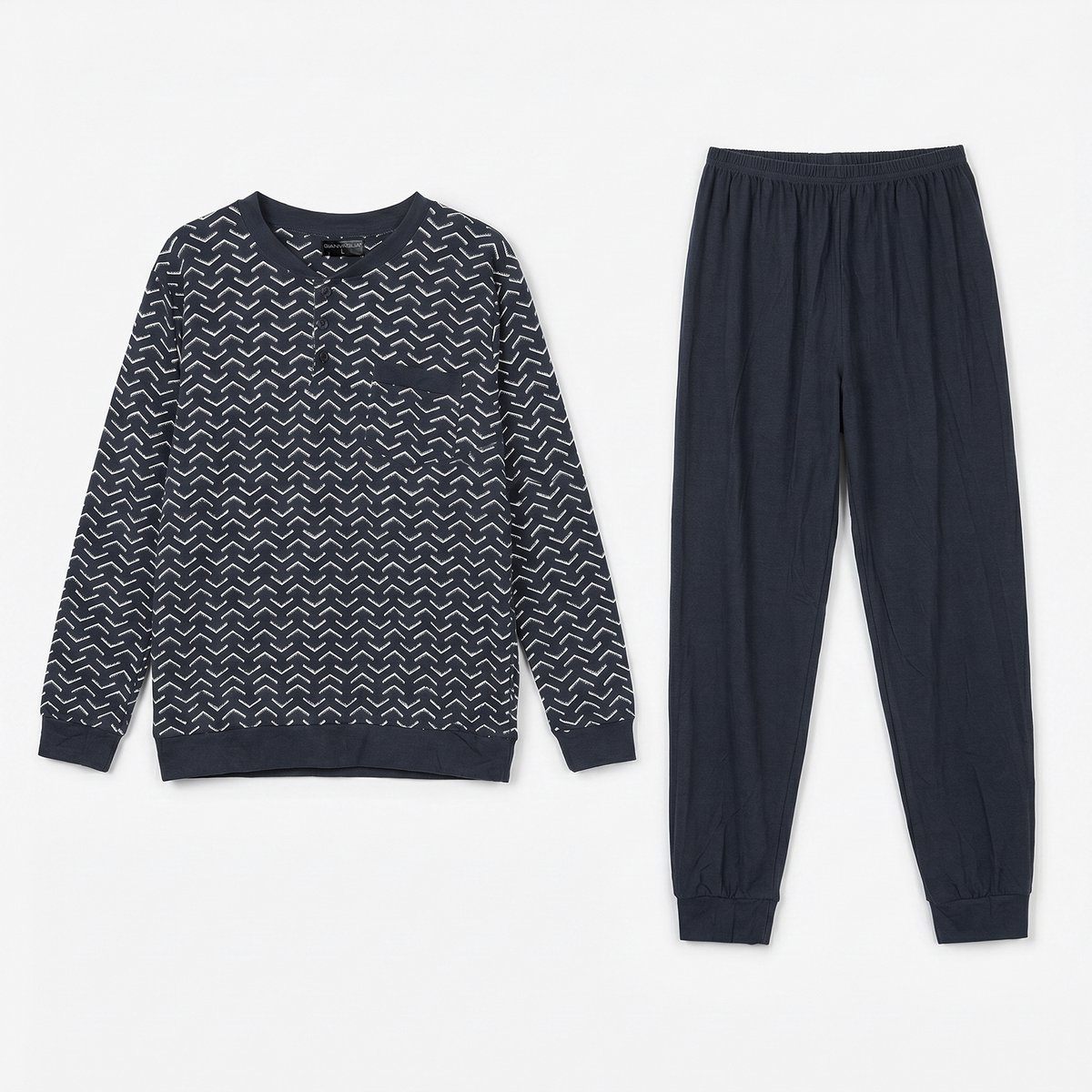 Heren Pyjama Met knoopjes Lange Mouw Lange Broek - Katoen - Zwart - Maat M - 2504-Black-M